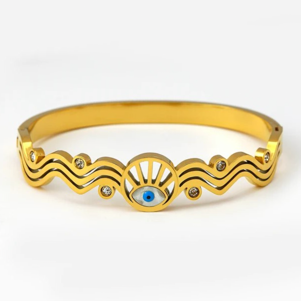 Wavy Evil Eye Bangle Bracelet - Stainless Steel