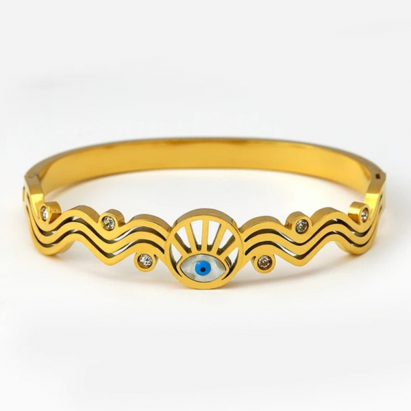 Wavy Evil Eye Bangle Bracelet - Stainless Steel