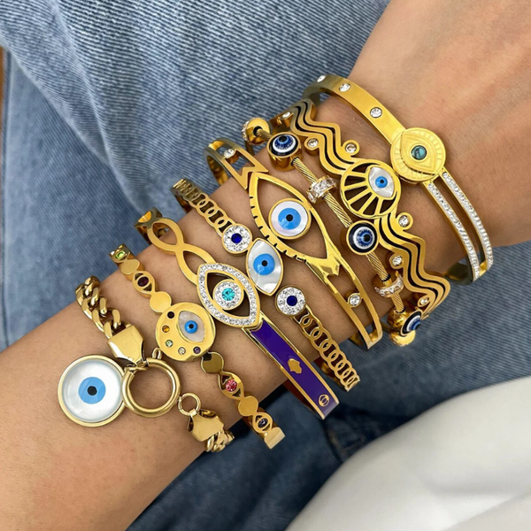 Wavy Evil Eye Bangle Bracelet - Stainless Steel