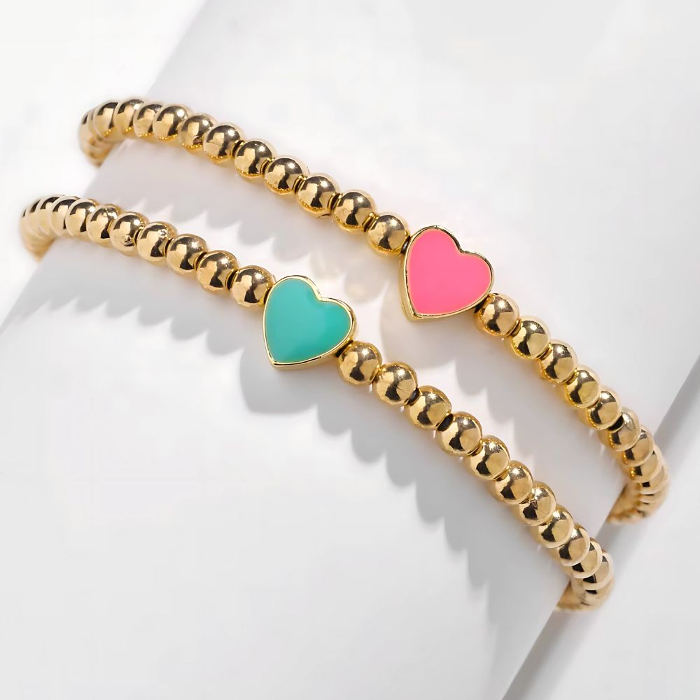 Heart Beaded Stretch Gold Tone Bracelet Set