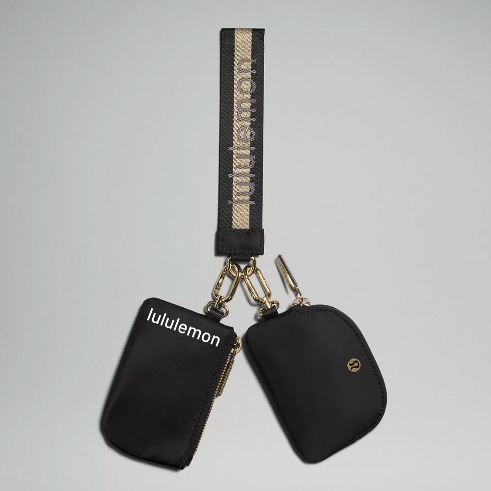 Lululemon Dual Pouch Wristlet Wallet Keychain Wordmark - Black and Gold