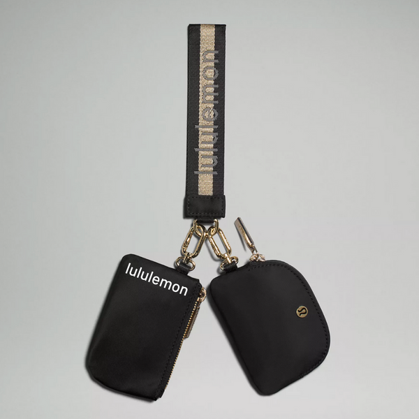 Lululemon Dual Pouch Wristlet Wallet Keychain Wordmark - Black and Gold