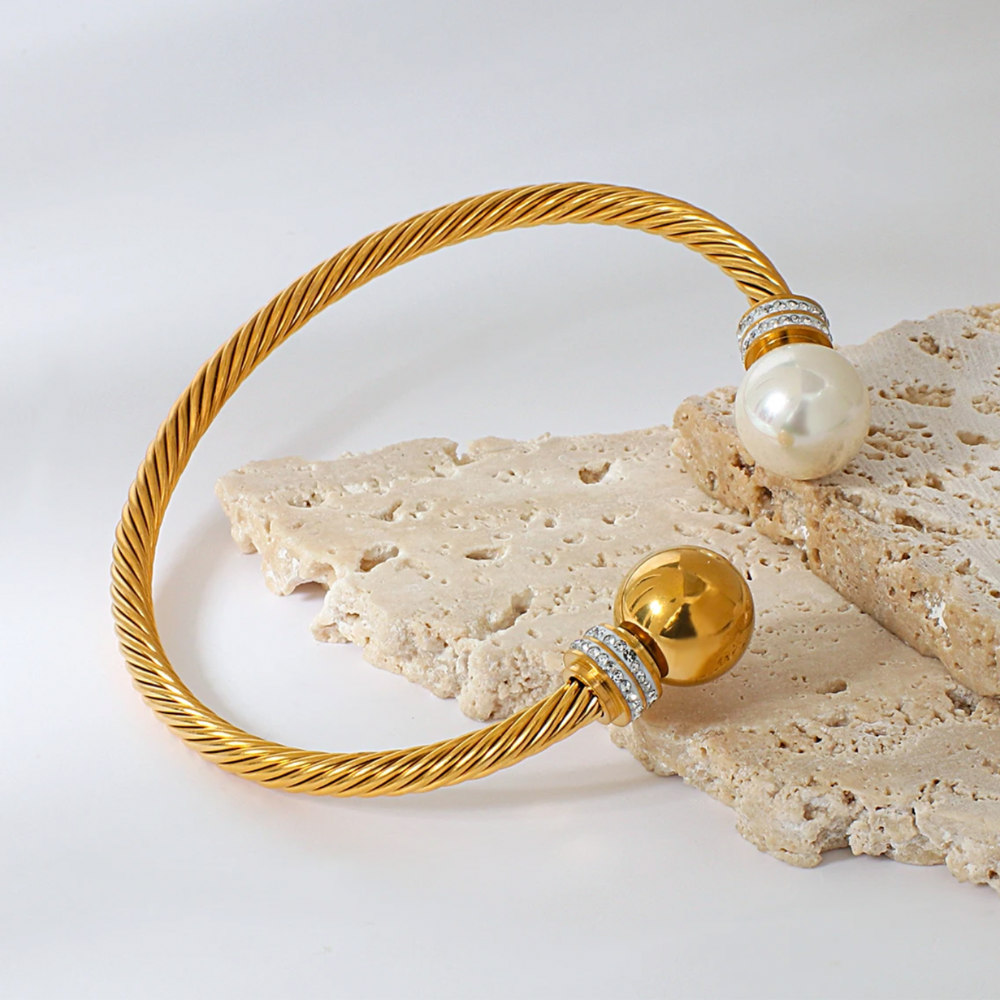 Pearl Cable Cuff Bracelet - Stainless Steel