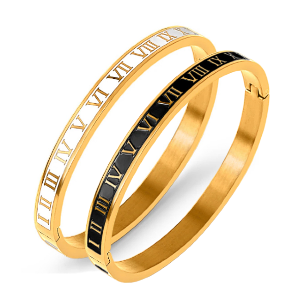 Black and White Roman Numerals Bangle Bracelet Stainless Steel