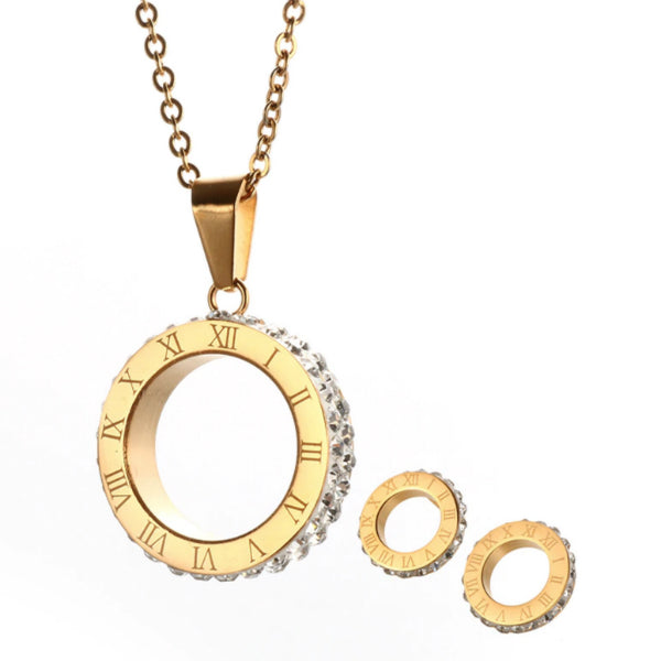 Cassia Roman Numerals Necklace + Earrings Set - Stainless Steel