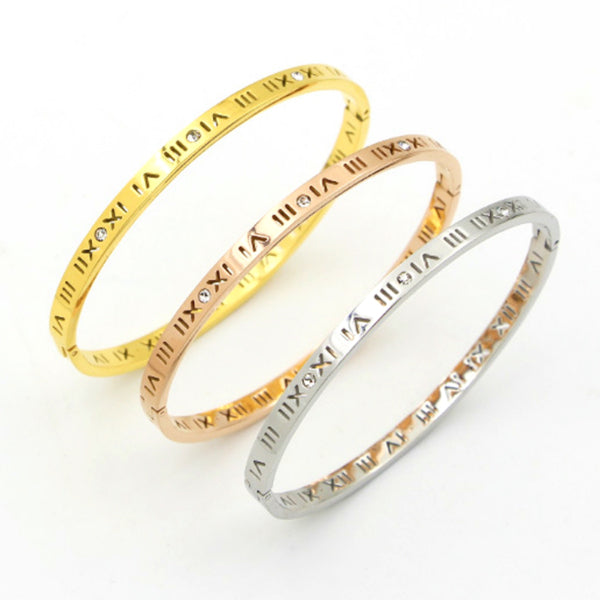 Slim Roman Numerals Bangle Bracelet - Stainless Steel