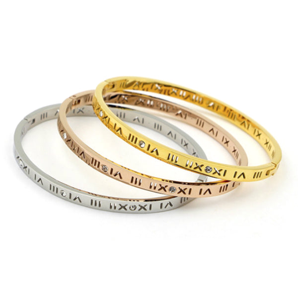 Slim Roman Numerals Bangle Bracelet - Stainless Steel