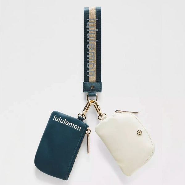 NWT Lululemon Dual Pouch Wristlet Wallet Keychain Wordmark - Warp Teal / Gold / Bone