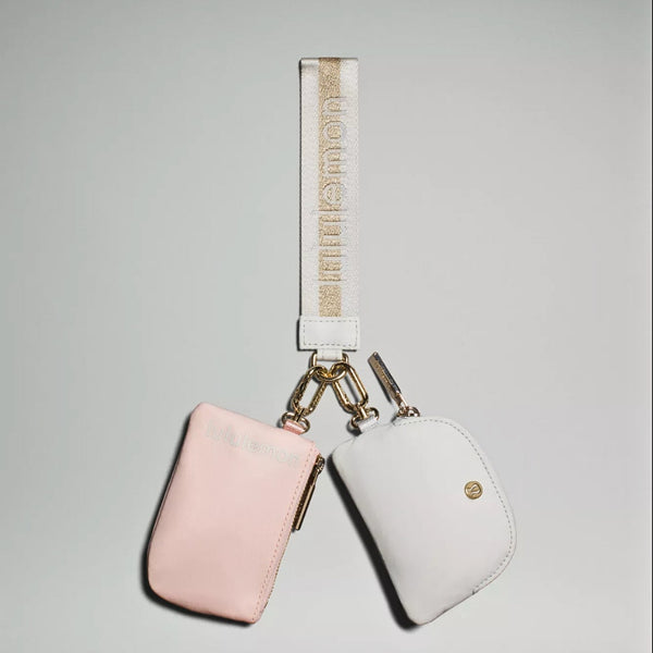 Lululemon Dual Pouch Wristlet Wallet Keychain Wordmark - Vapor / Gold / Bone Gray Pink