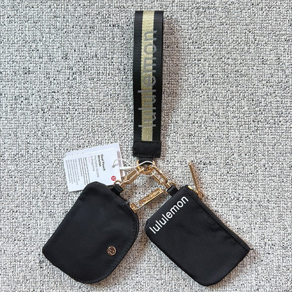 Lululemon Dual Pouch Wristlet Wallet Keychain Wordmark - Black and Gold