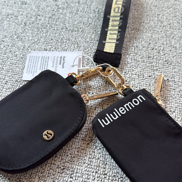 Lululemon Dual Pouch Wristlet Wallet Keychain Wordmark - Black and Gold