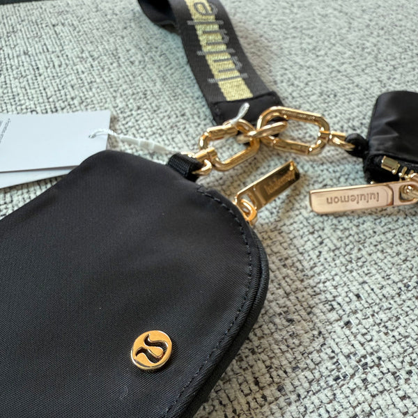 Lululemon Dual Pouch Wristlet Wallet Keychain Wordmark - Black and Gold