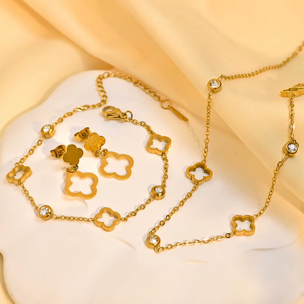 Clover Set of Necklace, Bracelet and Earrings - Stainless Steel