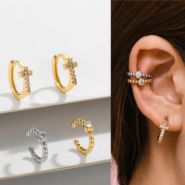 Cross Huggie + Ear Cuff Earrings Set