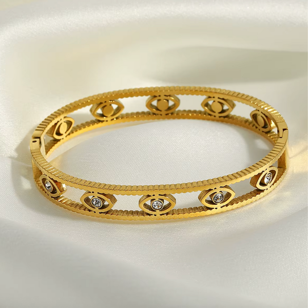 Ribbed Evil Eye Bangle Bracelet - Stainless Steel