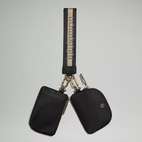 Lululemon Dual Pouch Wristlet Wallet Keychain Wordmark - Black and Gold