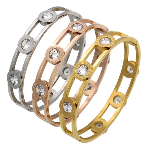 Allegra Bangle Bracelet w/ Roman Numerals - Stainless Steel