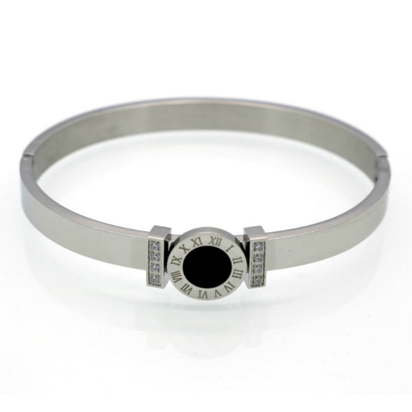 Cassia Bangle Bracelet w/ Roman Numerals - Stainless Steel