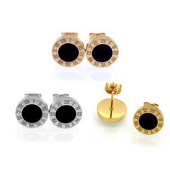 Cassia Stud Earrings w Roman Numerals Stainless Steel Pearls And Rocks