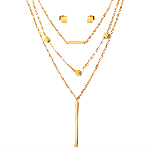 Cubes and Bars Layered Necklace Set - Stainless Steel
