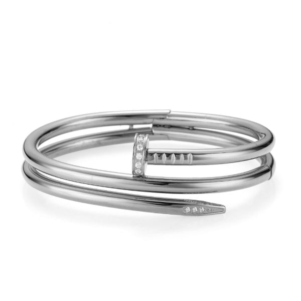 Double Nail Bangle Bracelet w/ CZ Stones - Stainless Steel