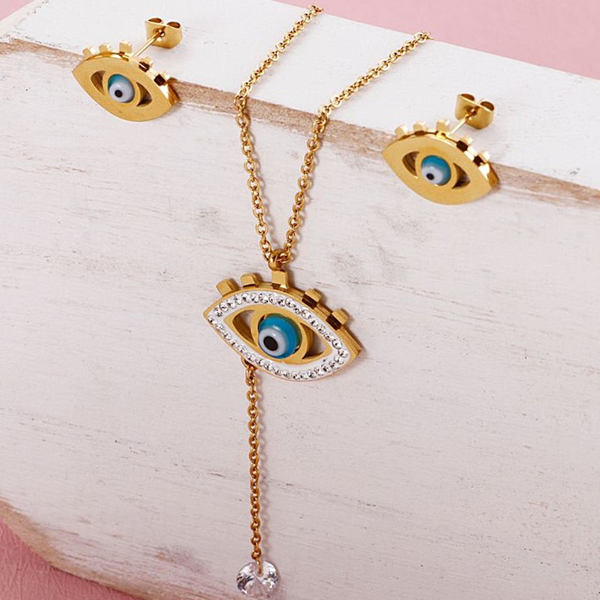 Evil Eye Necklace and Earrings Set - Stainless Steel