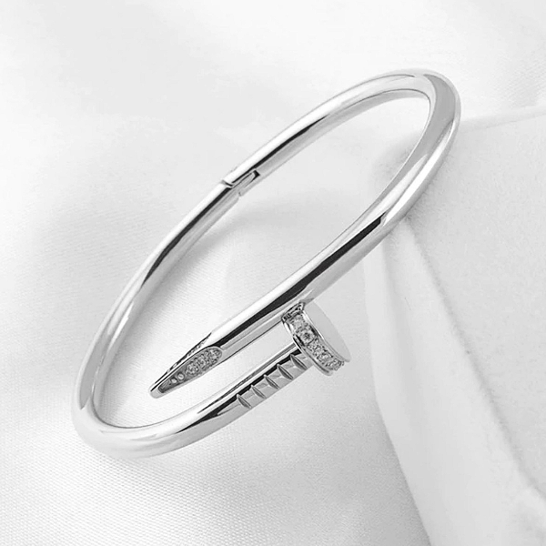 Nail Bangle Bracelet w/ CZ Crystals - Stainless Steel