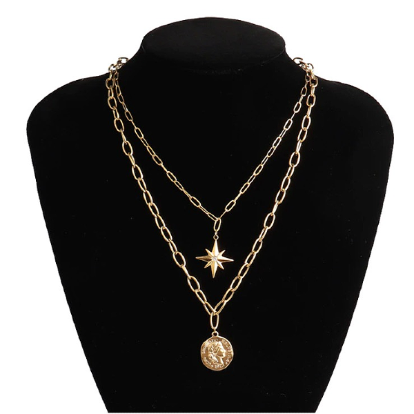 North Star + Coin Layered Necklace - Stainless Steel