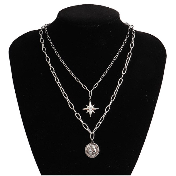 North Star + Coin Layered Necklace - Stainless Steel