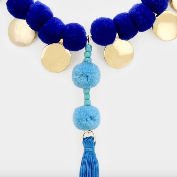Pom Pom Statement Necklace - Blue