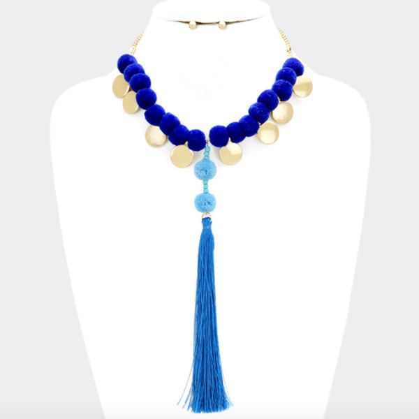 Pom Pom Statement Necklace - Blue