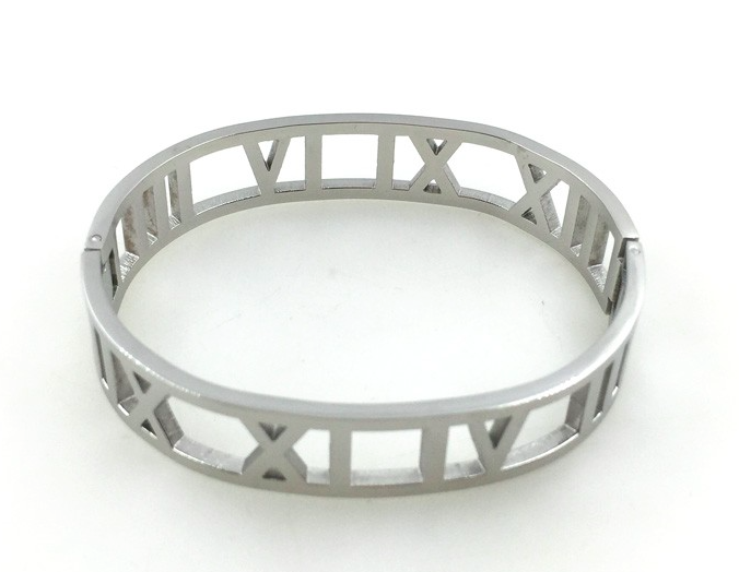 Roman Numerals Wide Bangle Bracelet - Stainless Steel