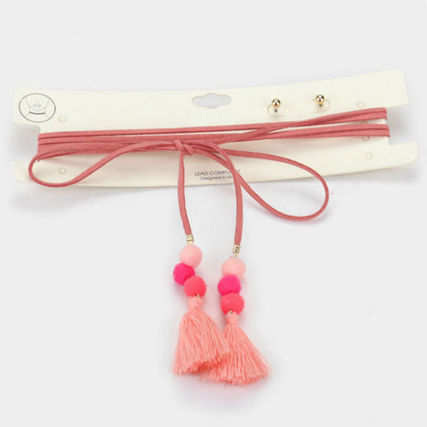 Tassel Choker Necklace & Earrings Set - Light Pink