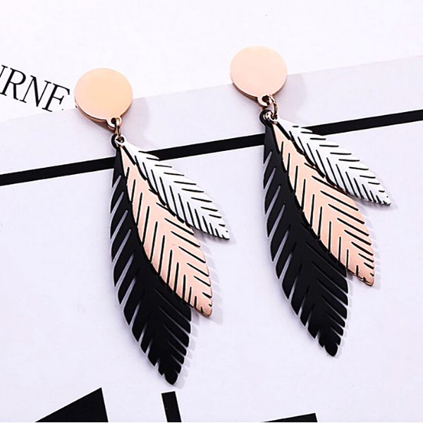 Tri-Color Leaf Earrings - Stainless Steel