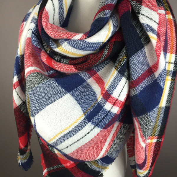 Red, White and Blue Tartan Triangle Scarf