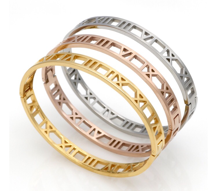 Stainless Steel Bangle Roman Numeral CZ Gold Plated